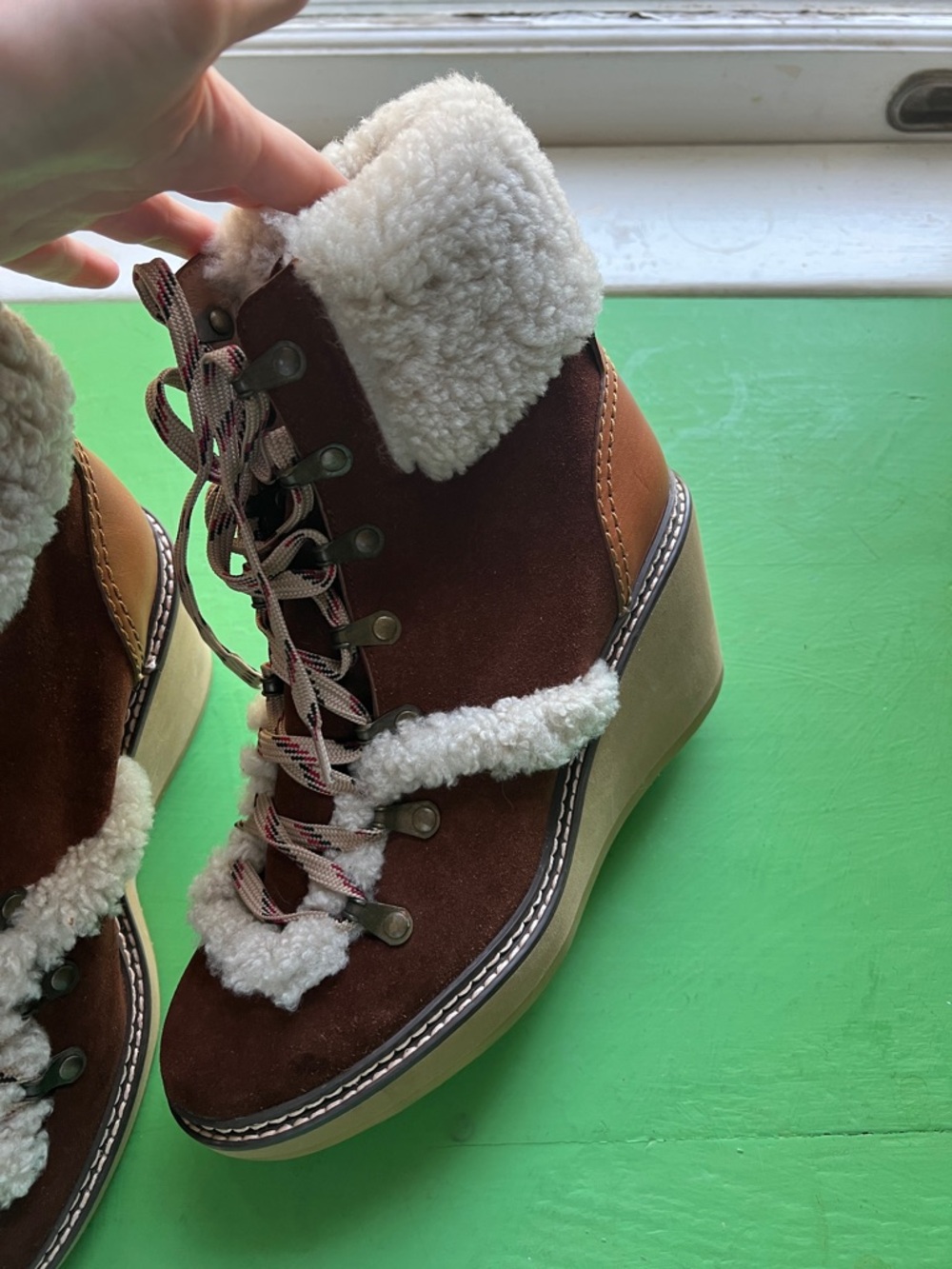 See by Chloé Brown Suede Shearling Trim Wedge Boots